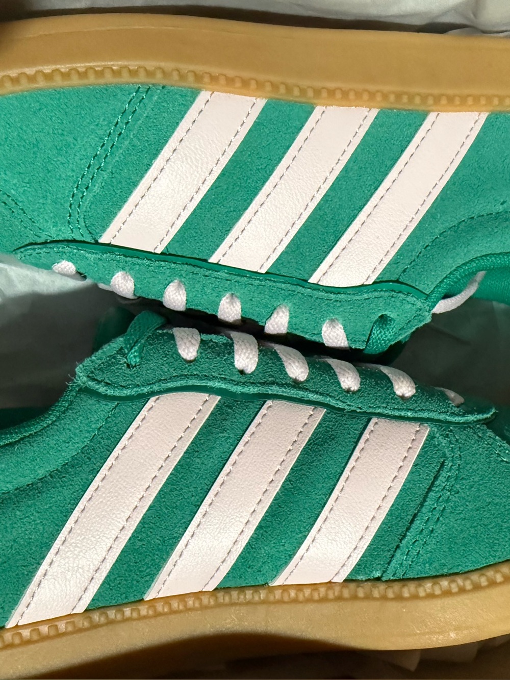 adidas Kids Green Suede Sneakers with Pink Stripes and Gum Sole-aka watermelons